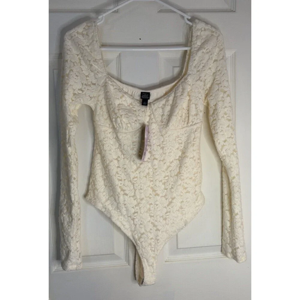 Wild Fable Cream Beige Floral Lace Square Neck Bodysuit Sze S 0445 Romantic - Picture 2 of 6